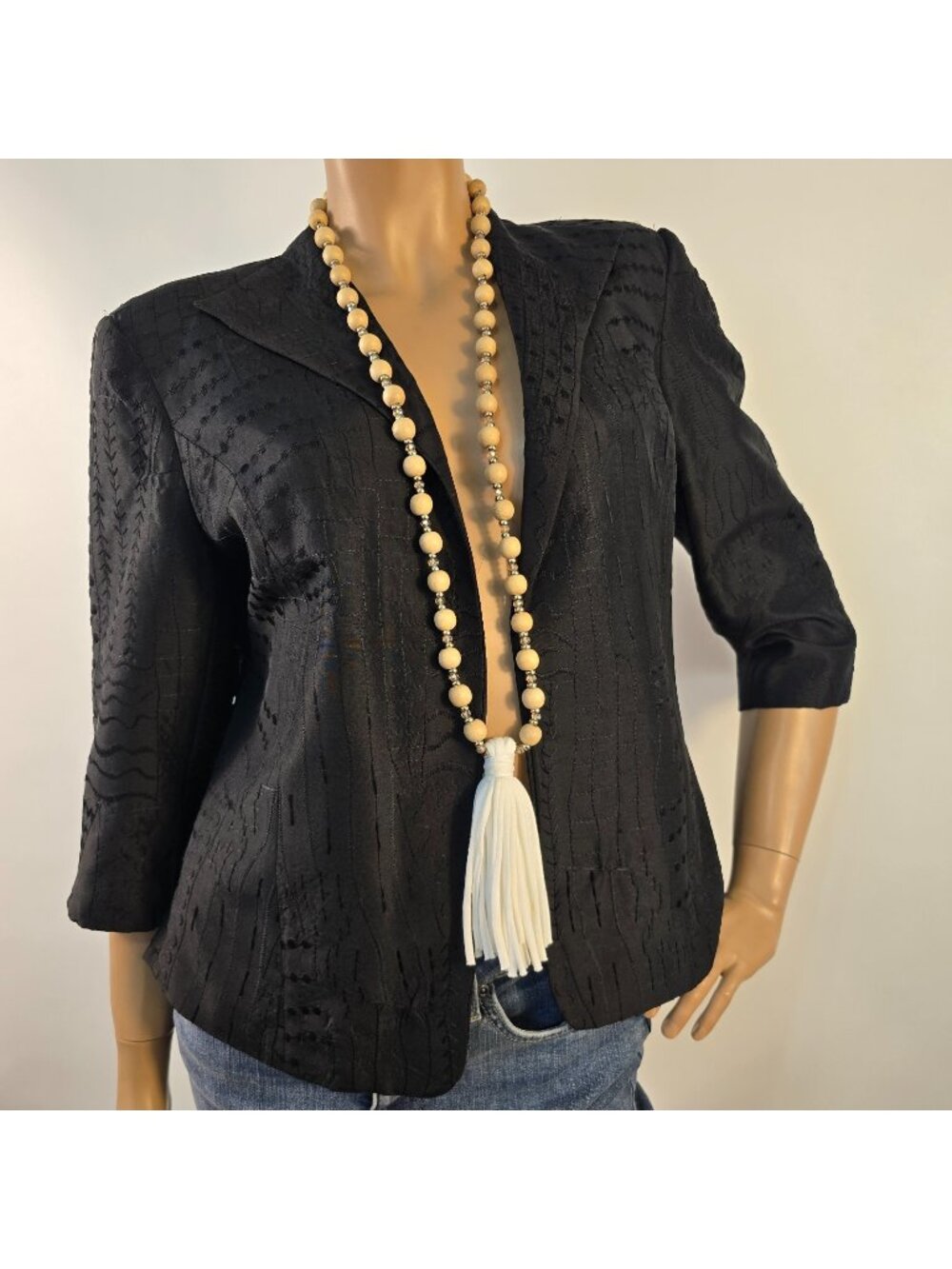 Coldwater Creek Black Embroidered Silk Open Front Blazer Size Small 3/4 Sleeve